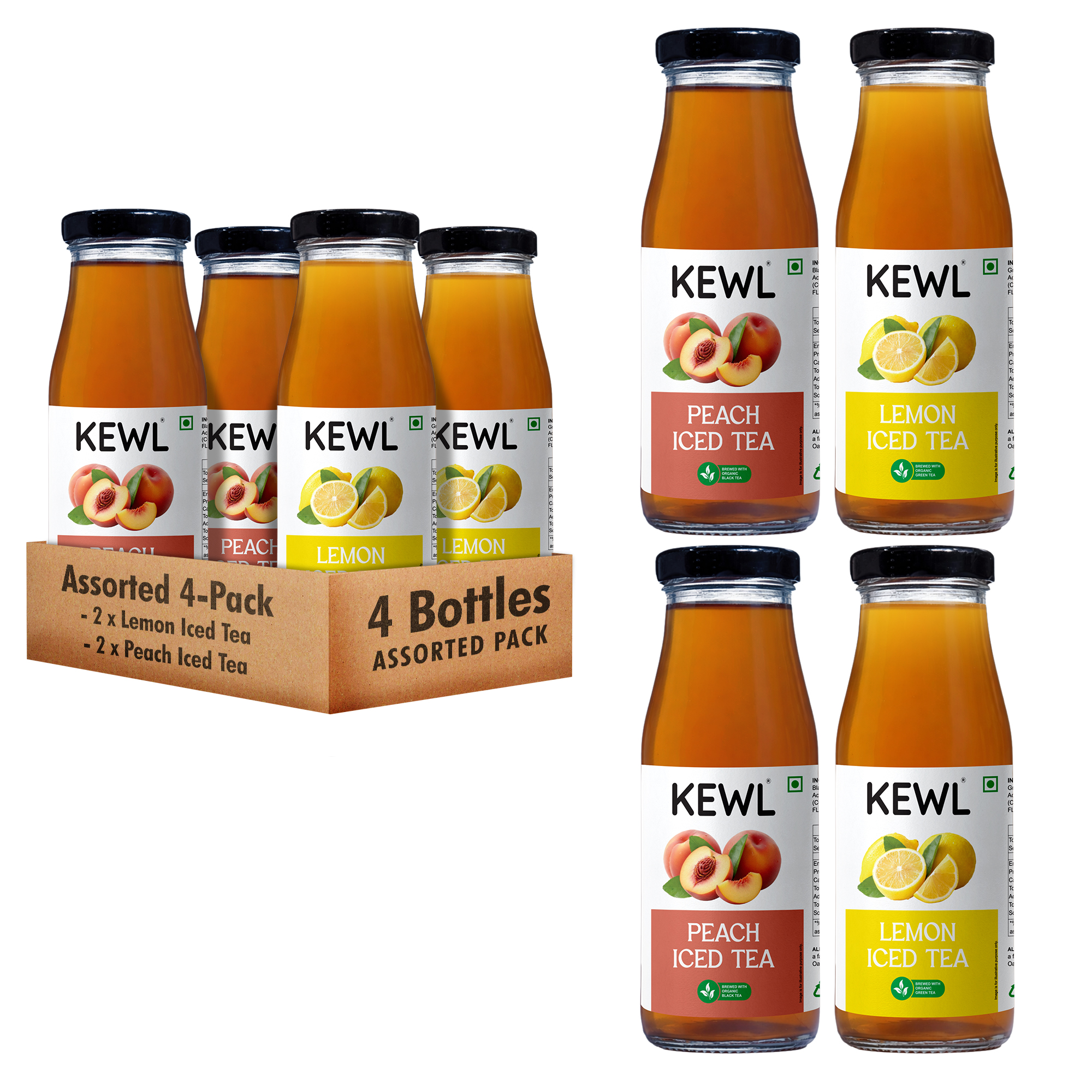Assorted KEWL Lemon and Peach Iced Tea bottles
